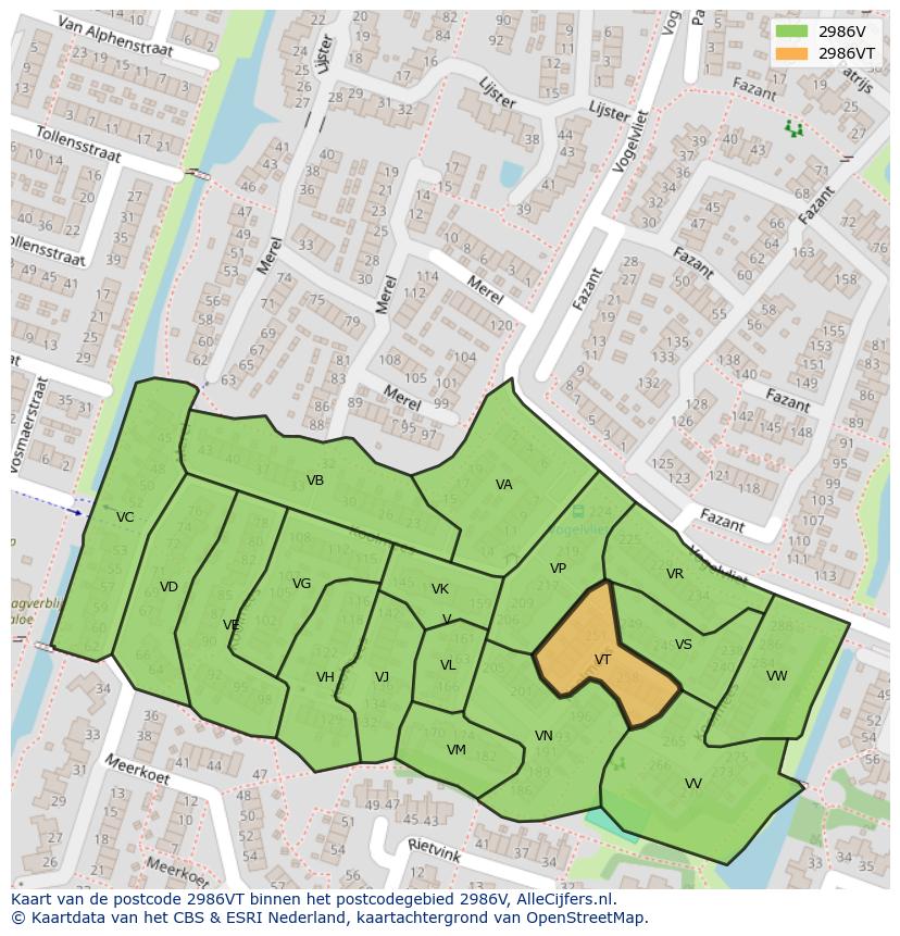 Afbeelding van het postcodegebied 2986 VT op de kaart.