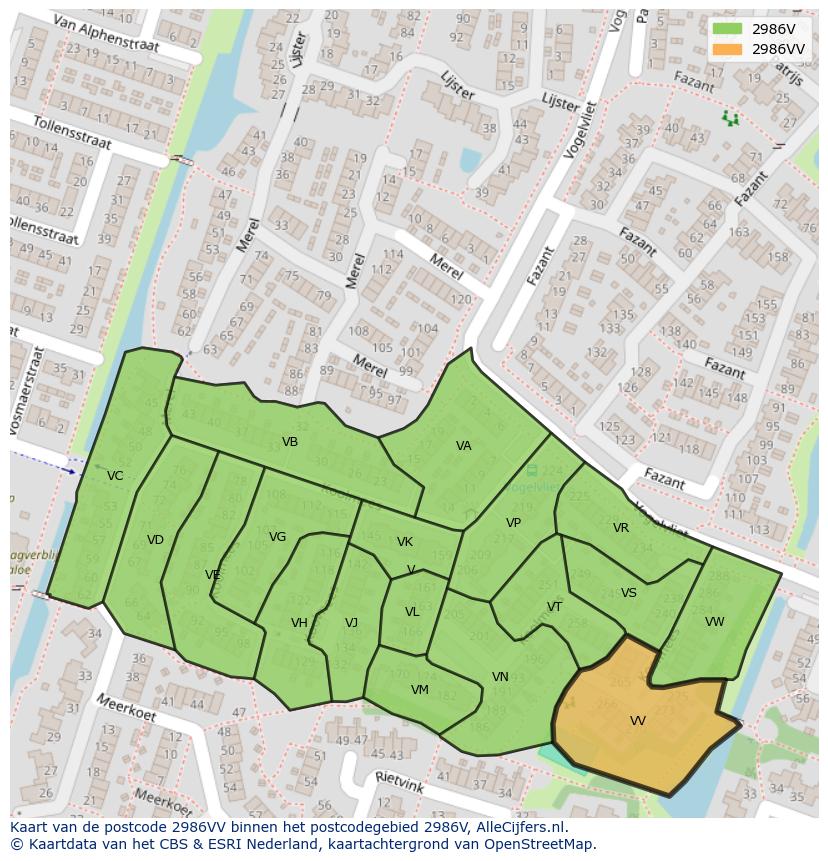 Afbeelding van het postcodegebied 2986 VV op de kaart.