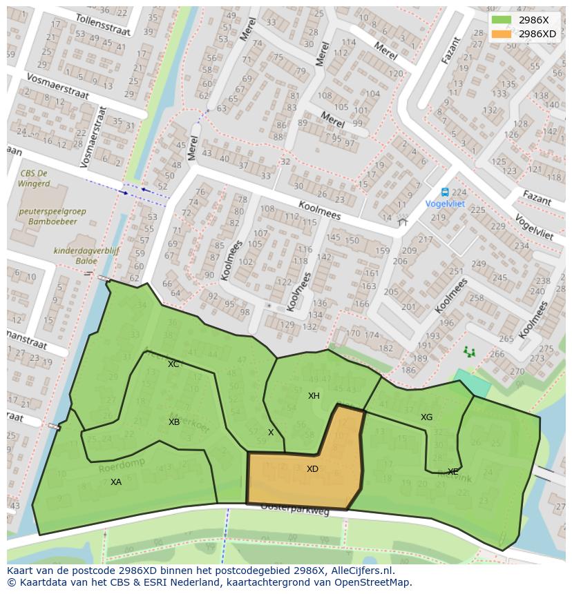 Afbeelding van het postcodegebied 2986 XD op de kaart.