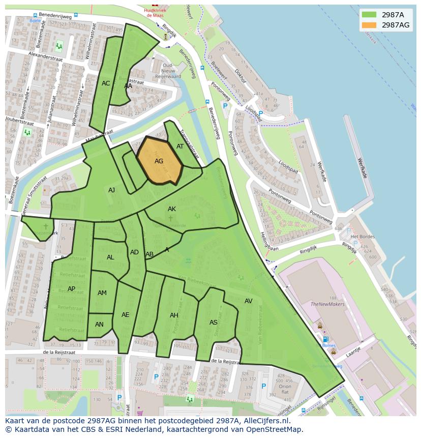 Afbeelding van het postcodegebied 2987 AG op de kaart.