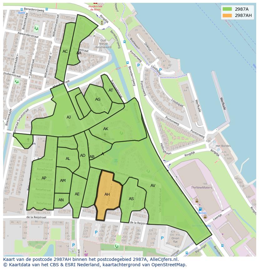 Afbeelding van het postcodegebied 2987 AH op de kaart.