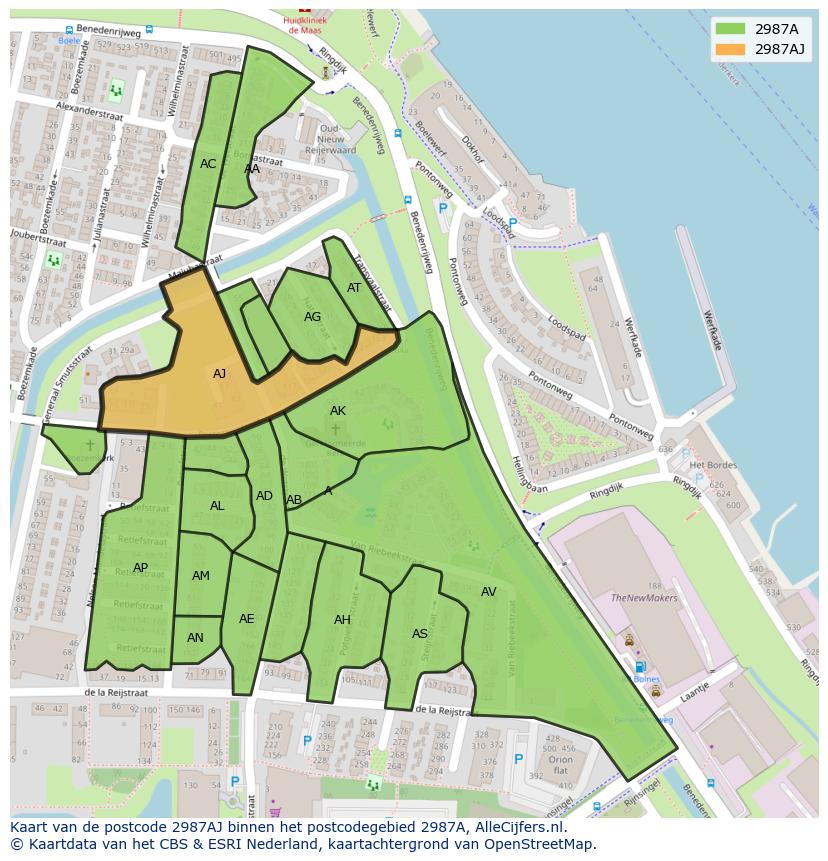 Afbeelding van het postcodegebied 2987 AJ op de kaart.