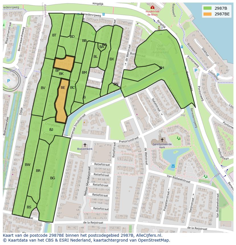 Afbeelding van het postcodegebied 2987 BE op de kaart.