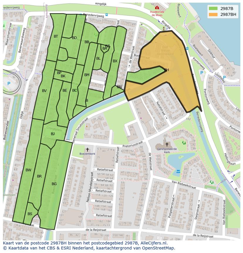 Afbeelding van het postcodegebied 2987 BH op de kaart.