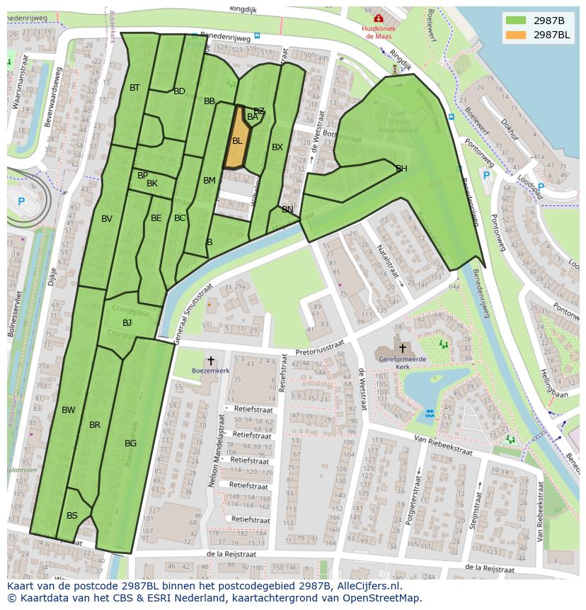 Afbeelding van het postcodegebied 2987 BL op de kaart.