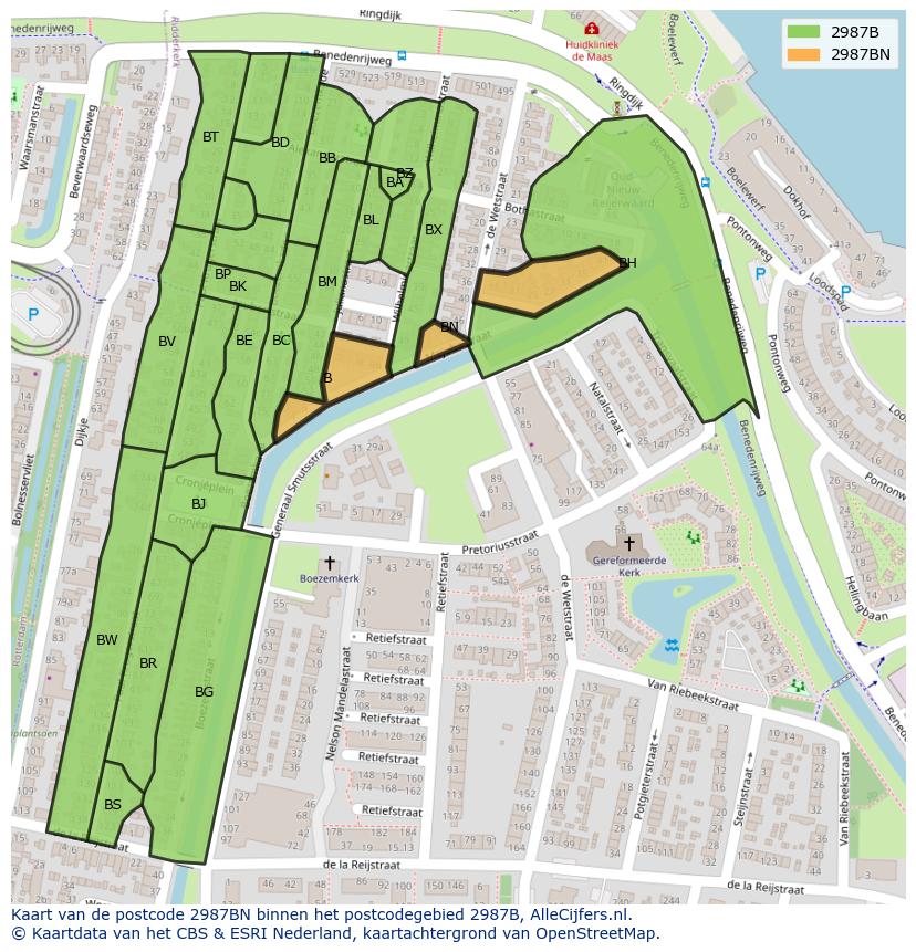 Afbeelding van het postcodegebied 2987 BN op de kaart.