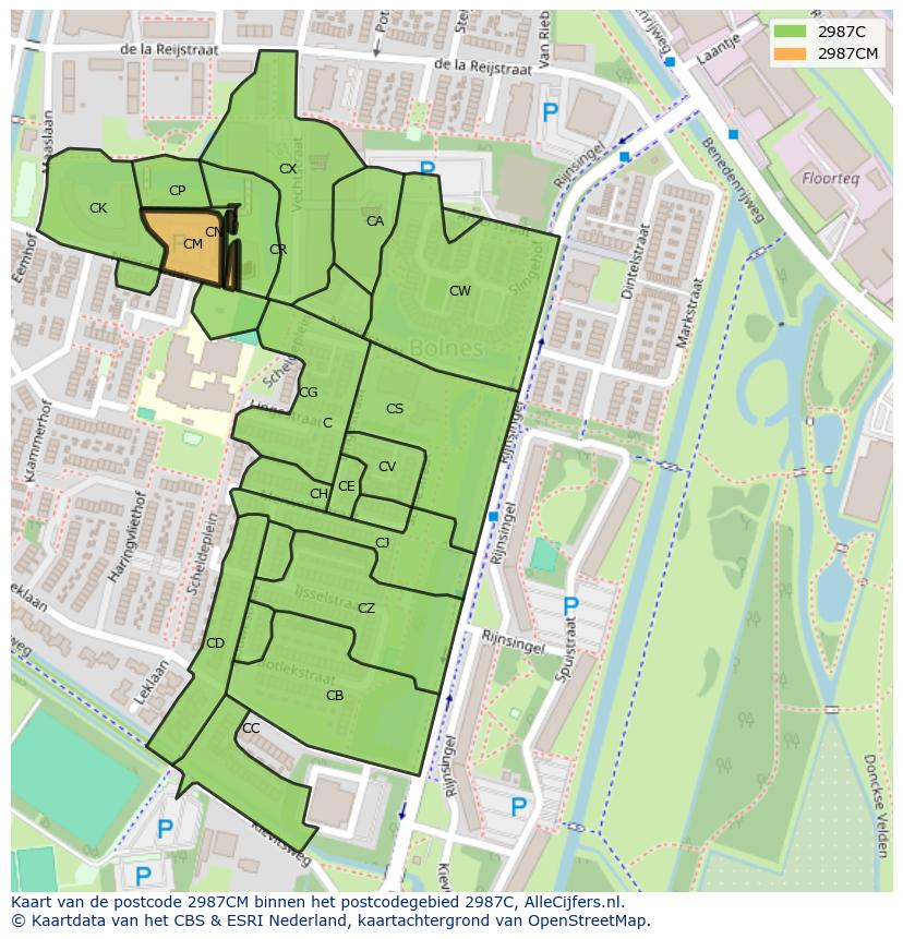Afbeelding van het postcodegebied 2987 CM op de kaart.