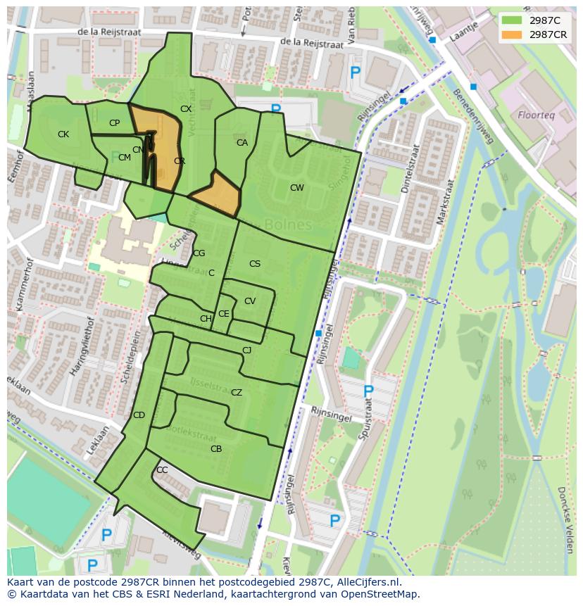 Afbeelding van het postcodegebied 2987 CR op de kaart.