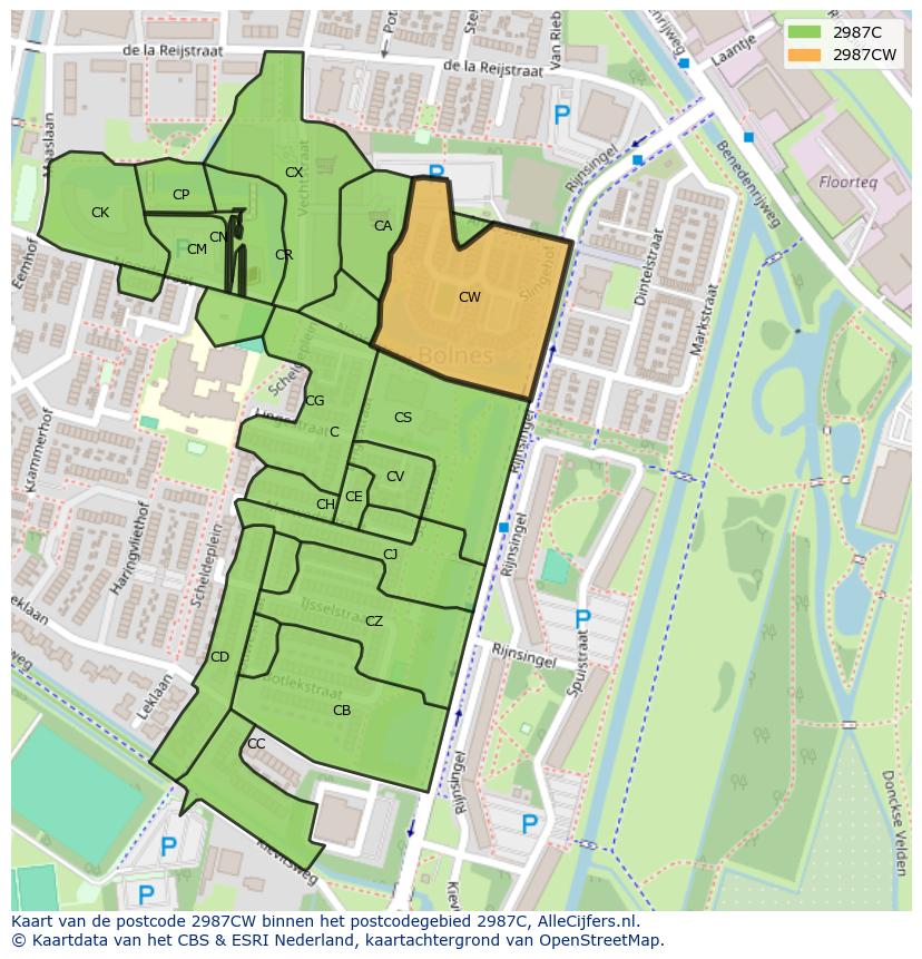 Afbeelding van het postcodegebied 2987 CW op de kaart.