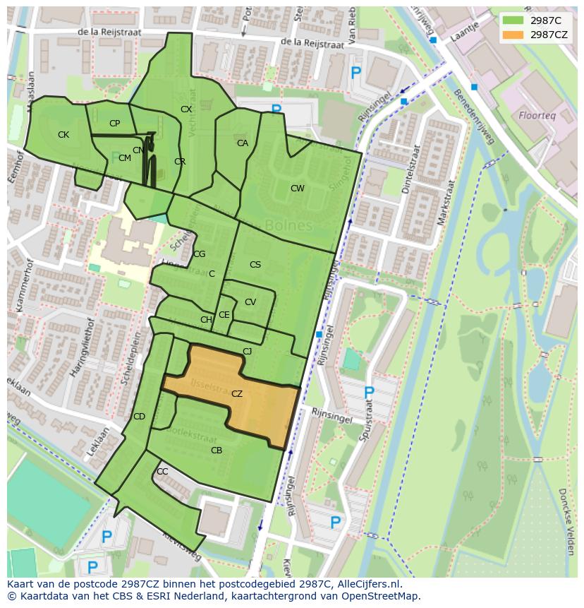 Afbeelding van het postcodegebied 2987 CZ op de kaart.