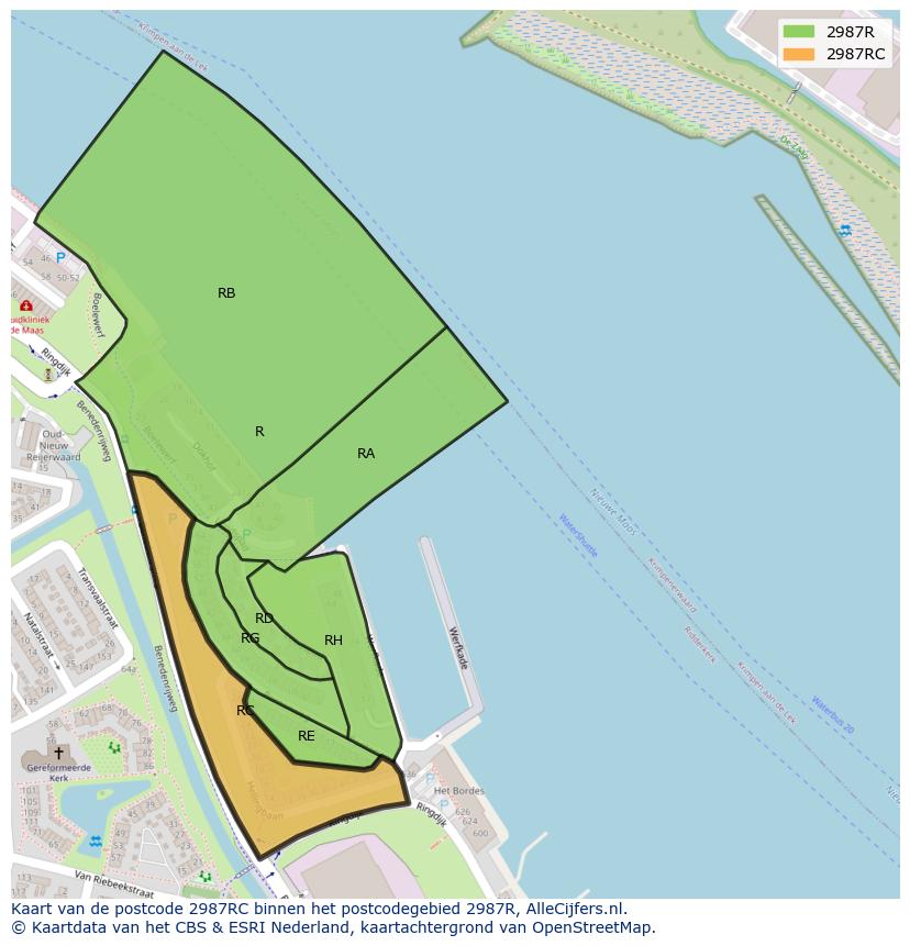 Afbeelding van het postcodegebied 2987 RC op de kaart.