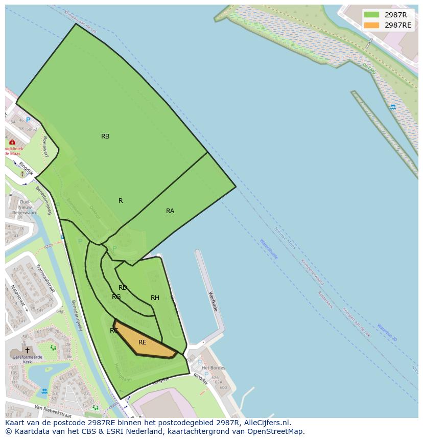 Afbeelding van het postcodegebied 2987 RE op de kaart.