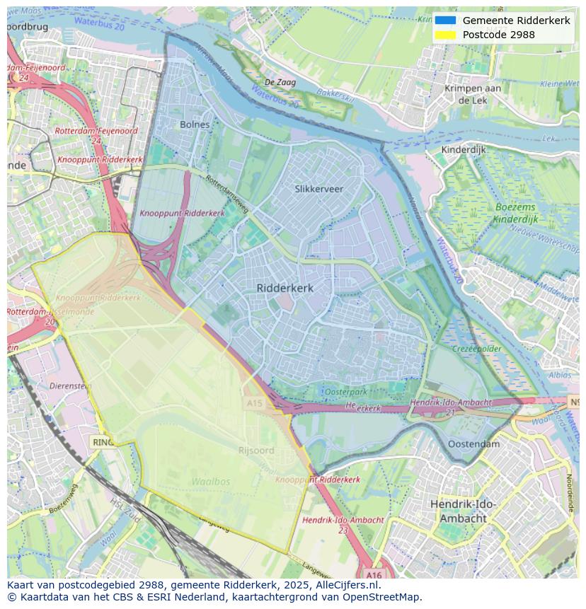 Afbeelding van het postcodegebied 2988 op de kaart.