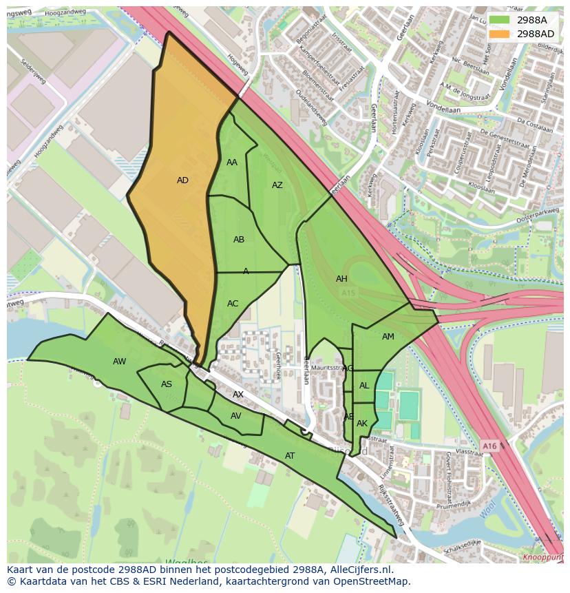Afbeelding van het postcodegebied 2988 AD op de kaart.
