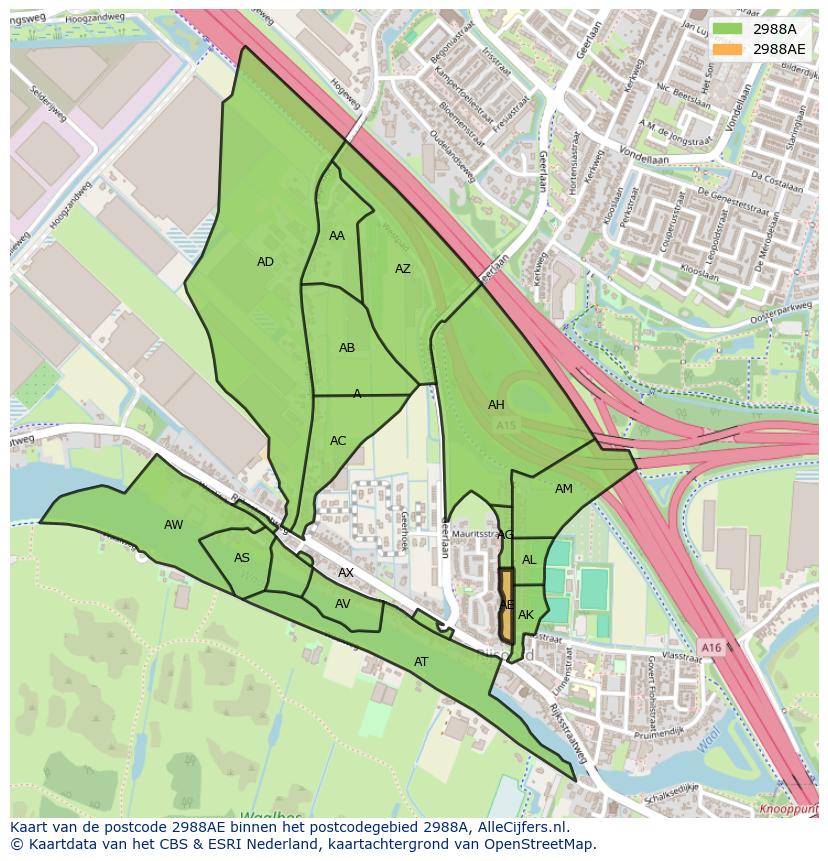Afbeelding van het postcodegebied 2988 AE op de kaart.