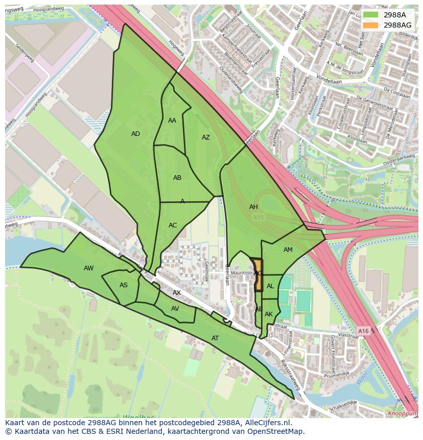 Afbeelding van het postcodegebied 2988 AG op de kaart.