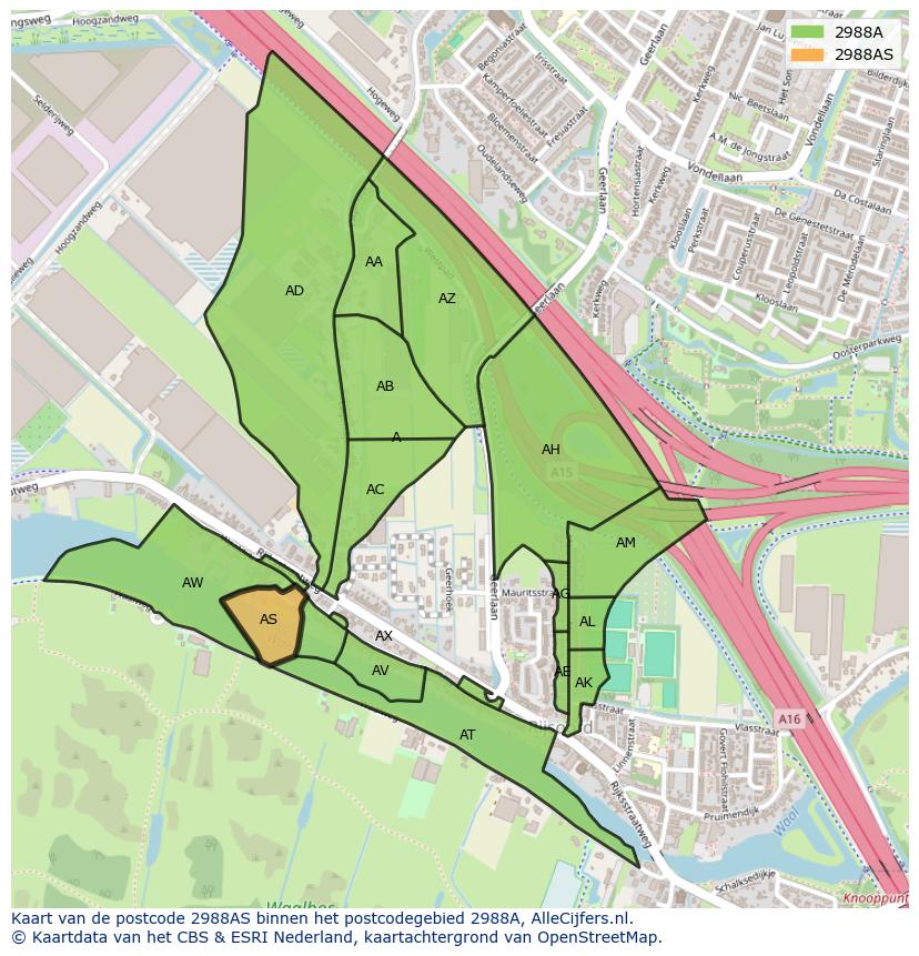 Afbeelding van het postcodegebied 2988 AS op de kaart.