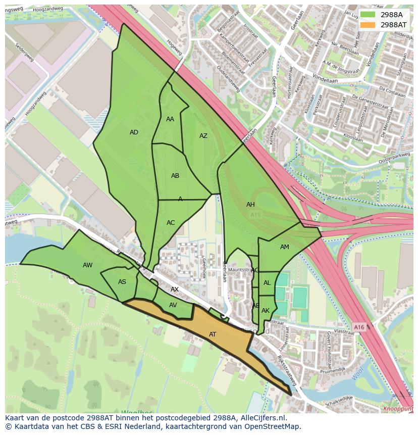 Afbeelding van het postcodegebied 2988 AT op de kaart.