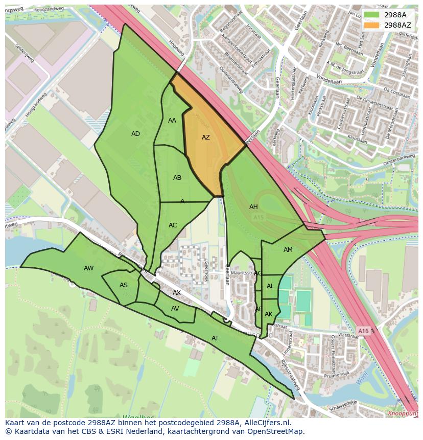 Afbeelding van het postcodegebied 2988 AZ op de kaart.