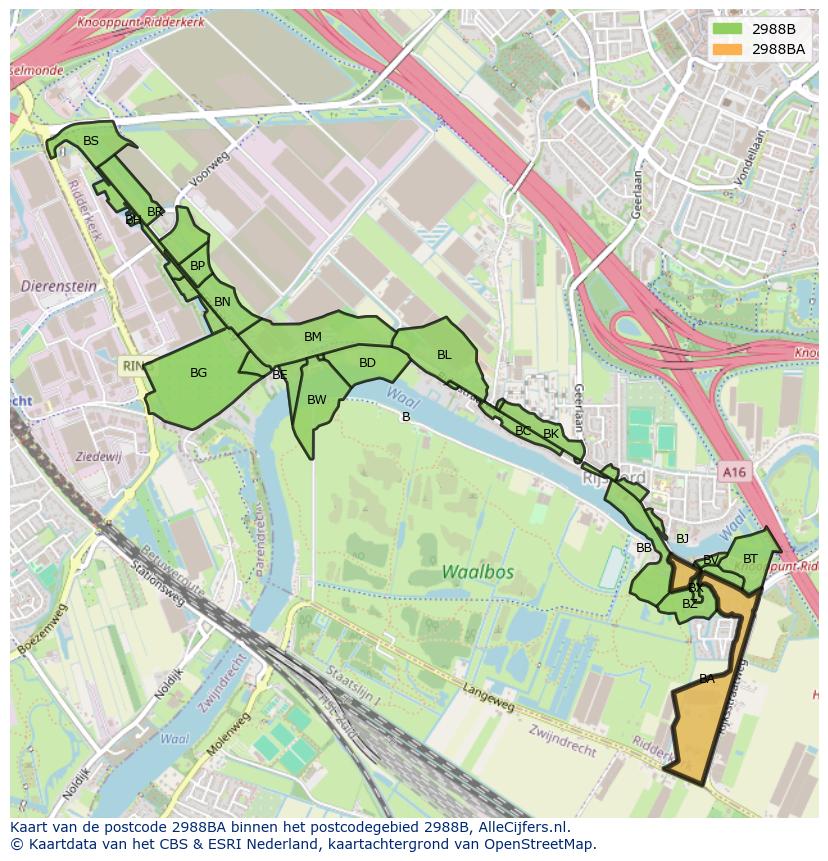 Afbeelding van het postcodegebied 2988 BA op de kaart.