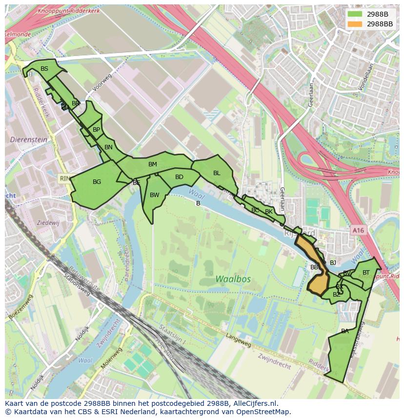 Afbeelding van het postcodegebied 2988 BB op de kaart.