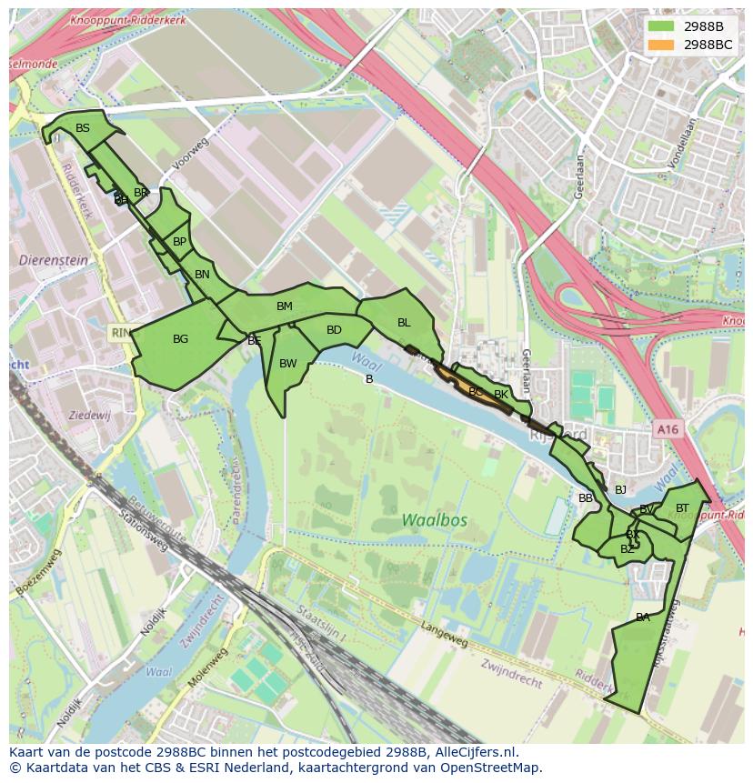 Afbeelding van het postcodegebied 2988 BC op de kaart.