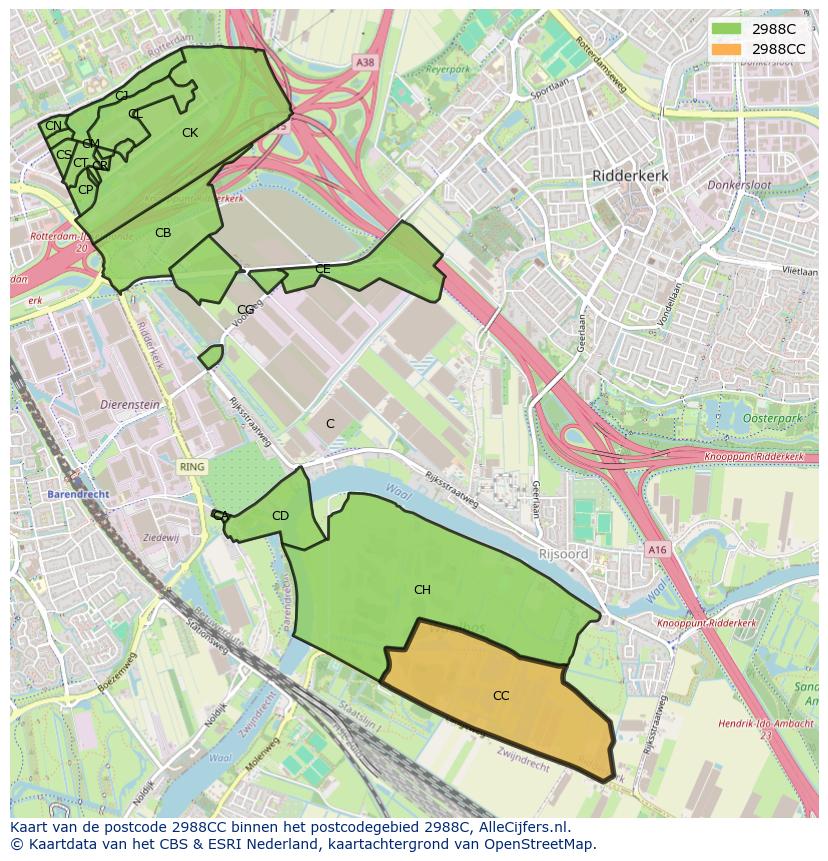 Afbeelding van het postcodegebied 2988 CC op de kaart.