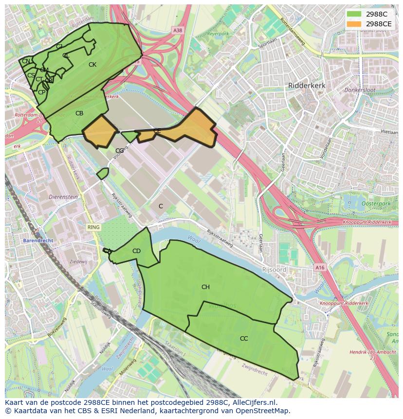 Afbeelding van het postcodegebied 2988 CE op de kaart.
