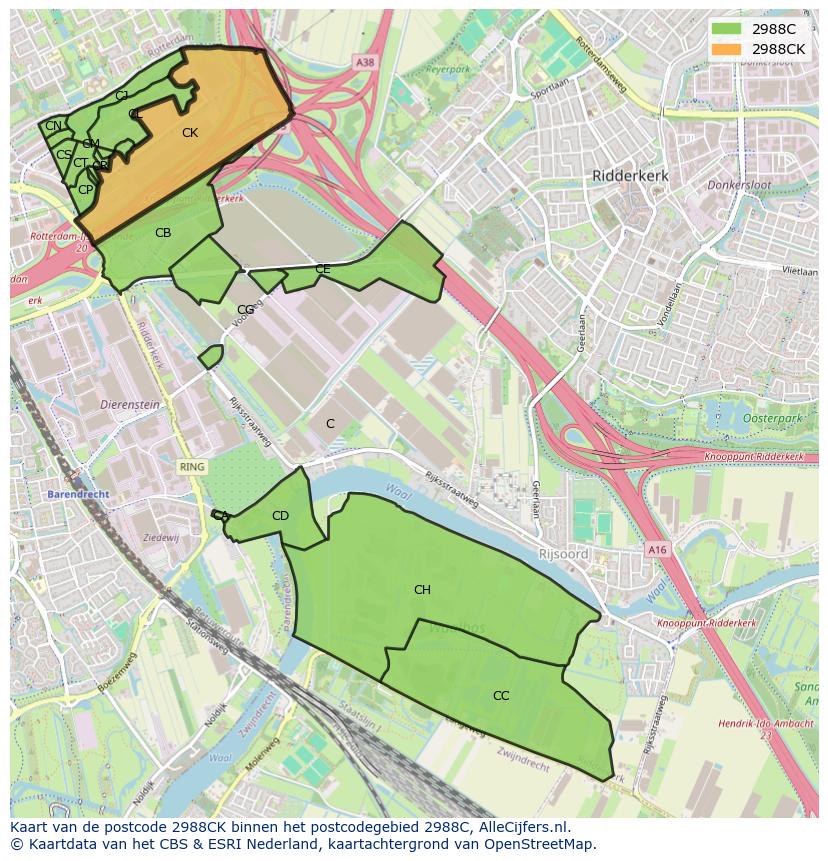 Afbeelding van het postcodegebied 2988 CK op de kaart.
