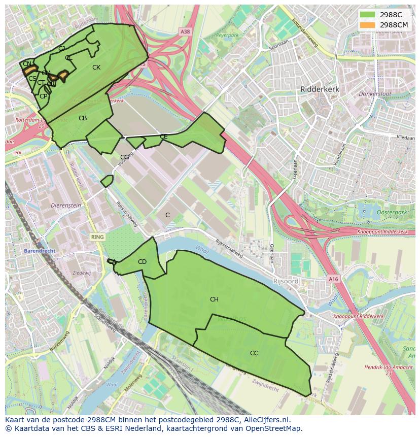 Afbeelding van het postcodegebied 2988 CM op de kaart.