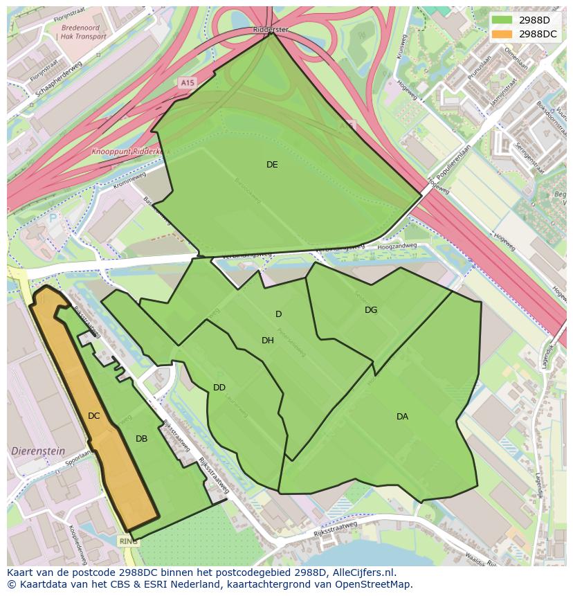 Afbeelding van het postcodegebied 2988 DC op de kaart.