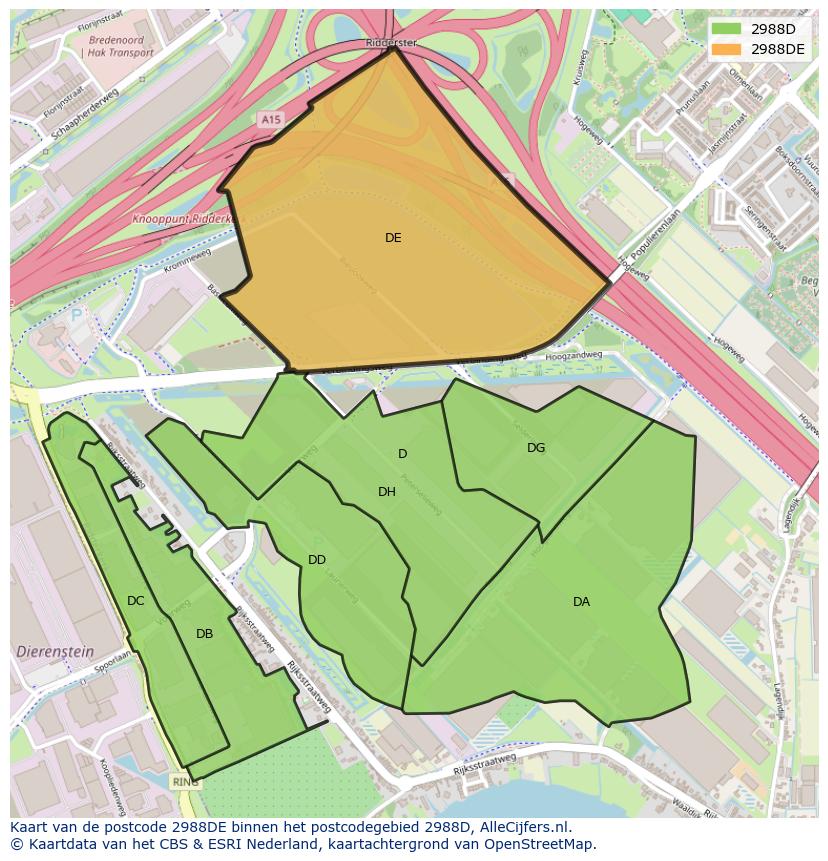 Afbeelding van het postcodegebied 2988 DE op de kaart.