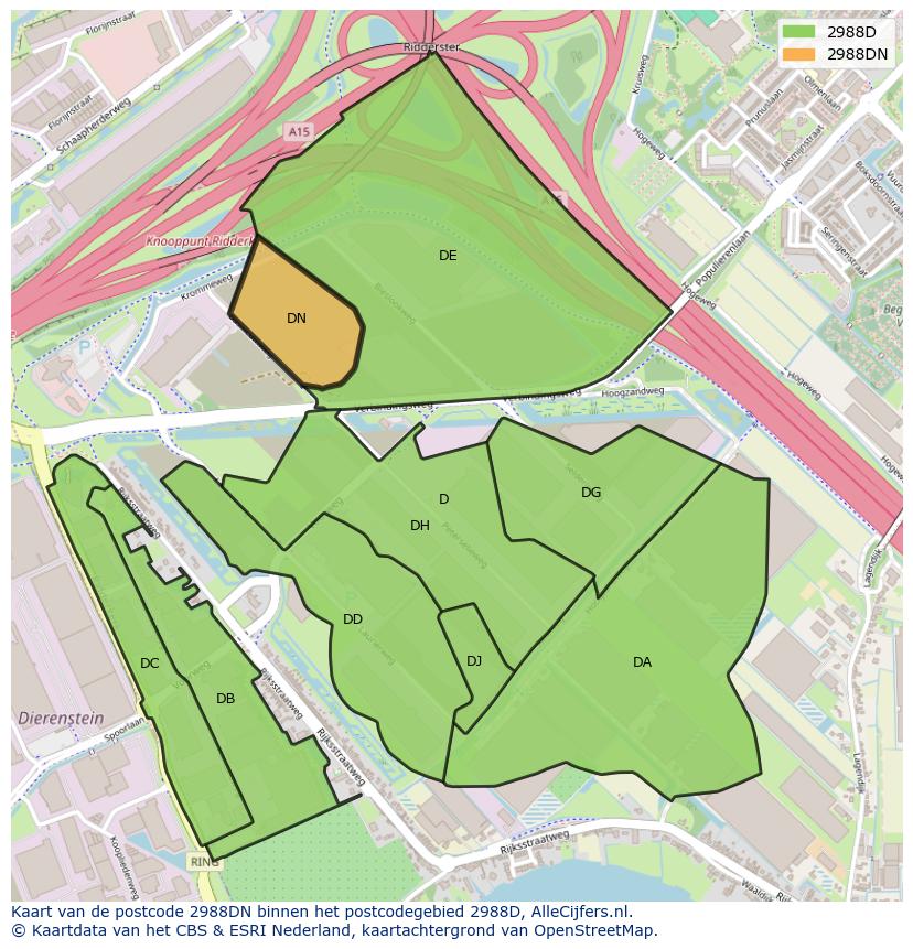 Afbeelding van het postcodegebied 2988 DN op de kaart.