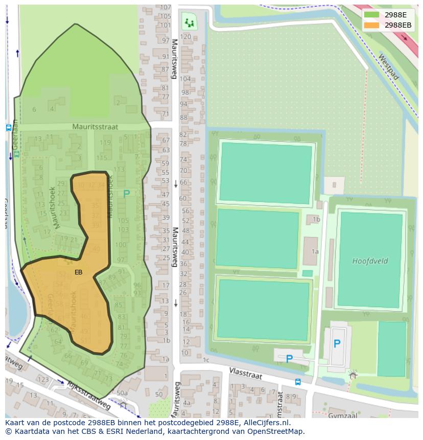 Afbeelding van het postcodegebied 2988 EB op de kaart.
