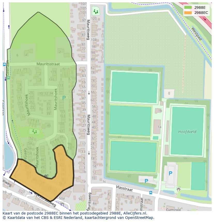Afbeelding van het postcodegebied 2988 EC op de kaart.