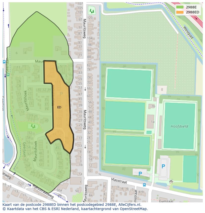 Afbeelding van het postcodegebied 2988 ED op de kaart.