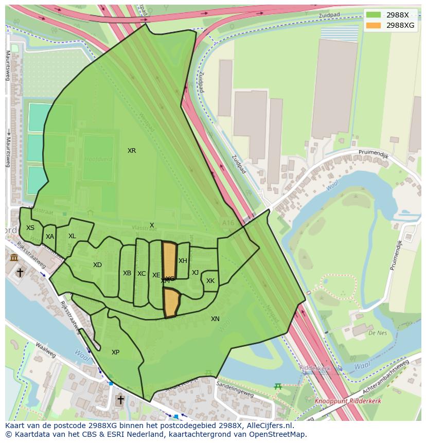 Afbeelding van het postcodegebied 2988 XG op de kaart.