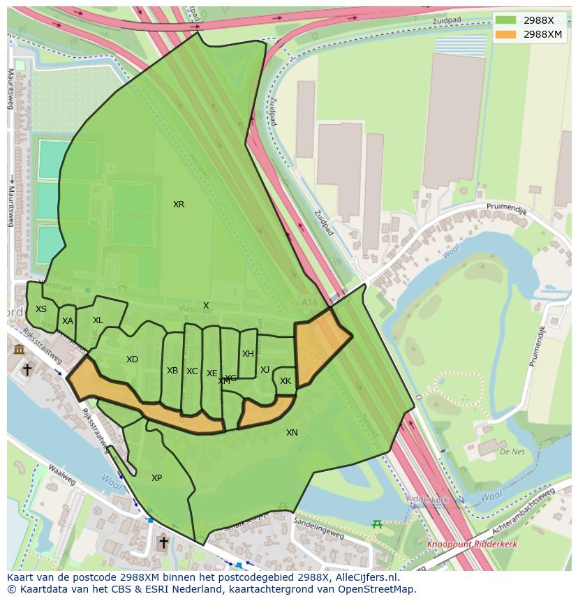 Afbeelding van het postcodegebied 2988 XM op de kaart.