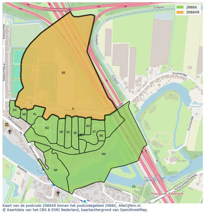 Afbeelding van het postcodegebied 2988 XR op de kaart.