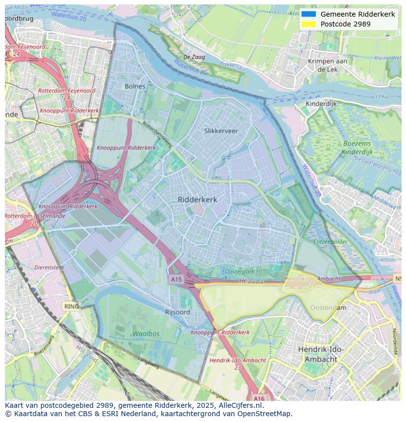 Afbeelding van het postcodegebied 2989 op de kaart.
