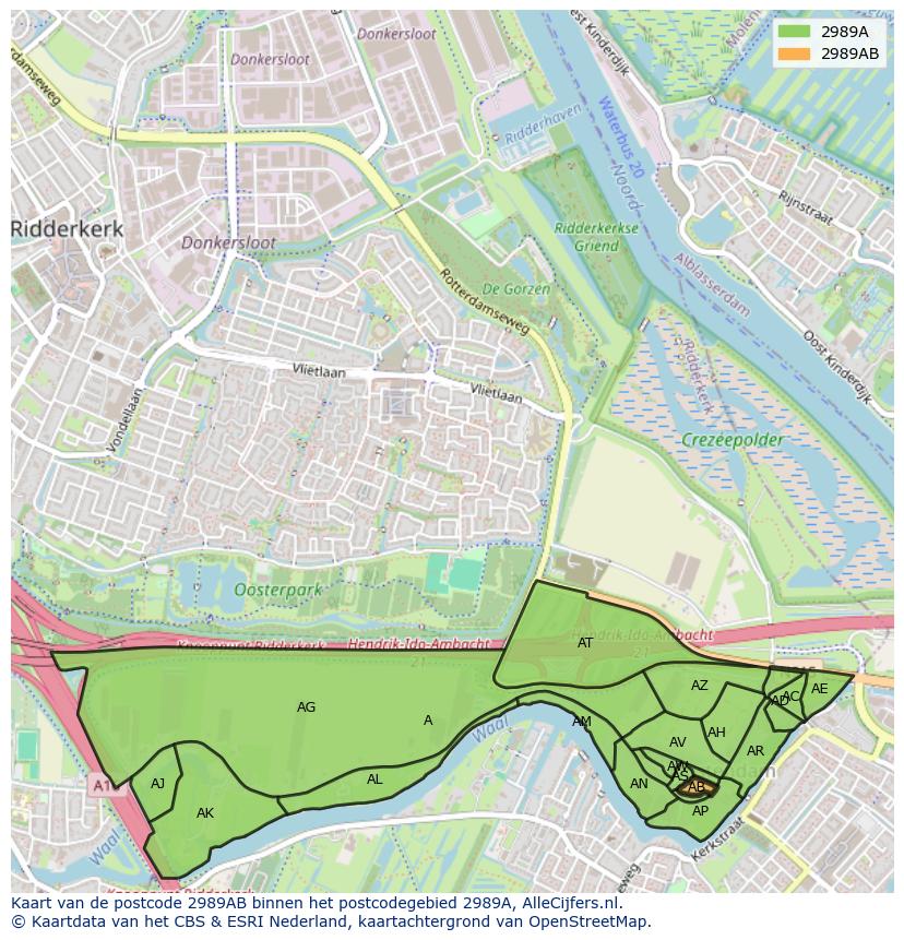 Afbeelding van het postcodegebied 2989 AB op de kaart.
