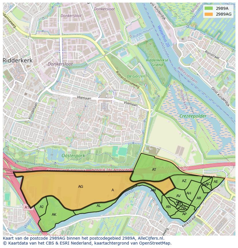 Afbeelding van het postcodegebied 2989 AG op de kaart.