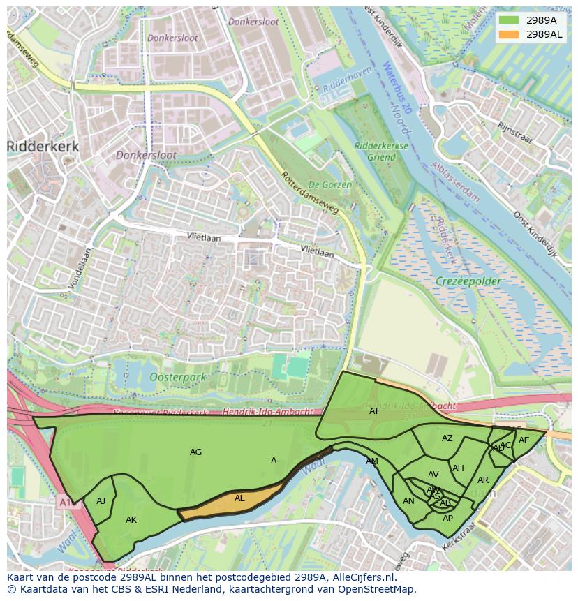 Afbeelding van het postcodegebied 2989 AL op de kaart.