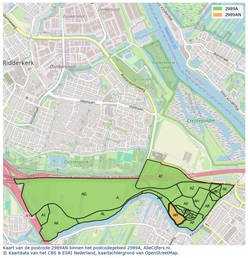 Afbeelding van het postcodegebied 2989 AN op de kaart.