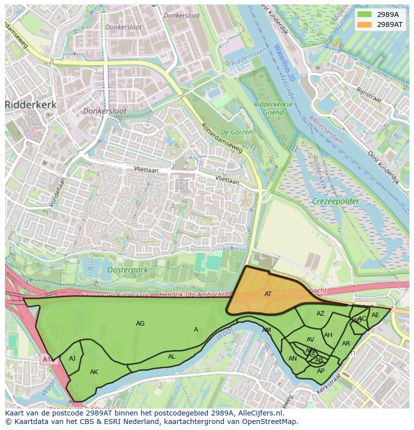 Afbeelding van het postcodegebied 2989 AT op de kaart.