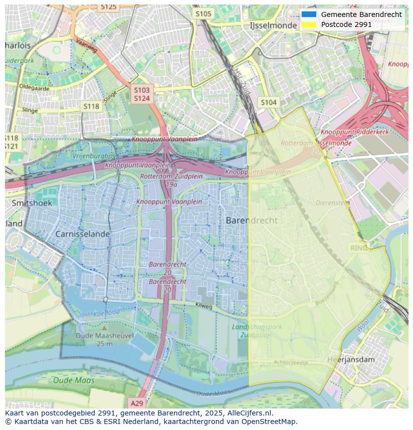 Afbeelding van het postcodegebied 2991 op de kaart.