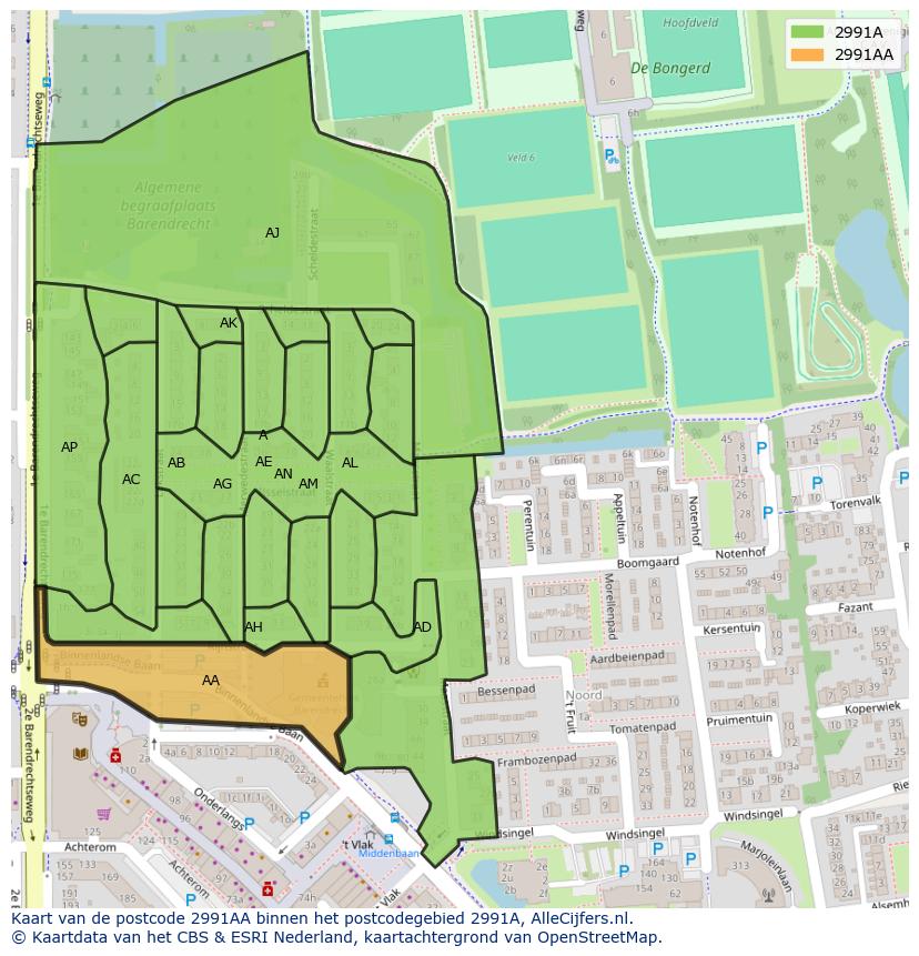 Afbeelding van het postcodegebied 2991 AA op de kaart.