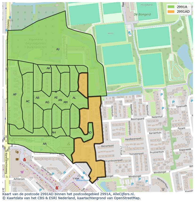 Afbeelding van het postcodegebied 2991 AD op de kaart.