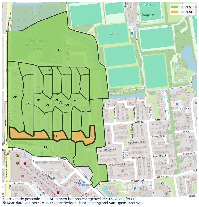 Afbeelding van het postcodegebied 2991 AH op de kaart.