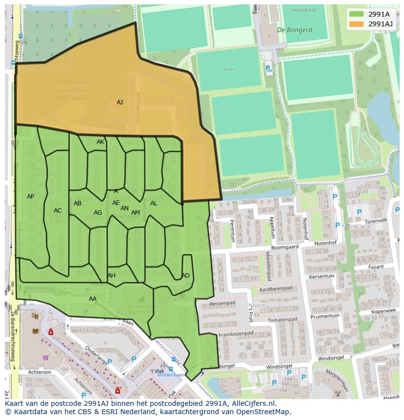 Afbeelding van het postcodegebied 2991 AJ op de kaart.